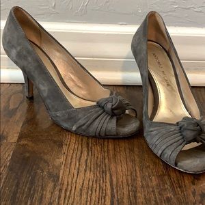Grey suede peep toe pumps